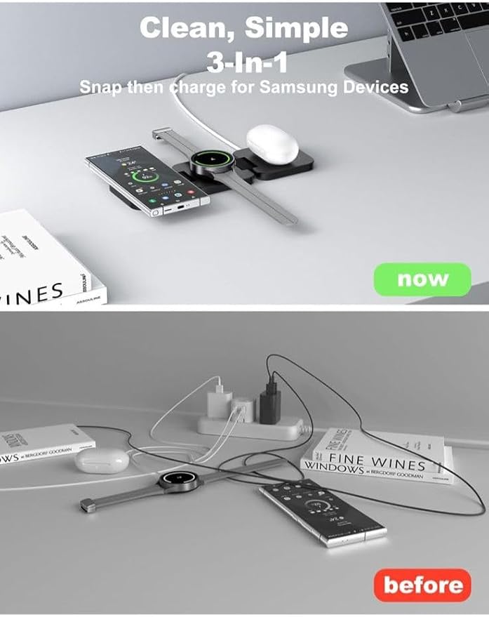 LUNOX 3-in-1 Wireless Charger for iPhone - Apple Watch &amp AirPods - Foldable Magnetic Fast Charging Dock - Black - White