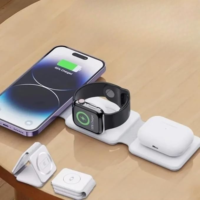 Foldable 3 in 1 Fast Charging Pad Desktop Wireless Charger for iPhone 17 16 15 14 13 12 Pro Max iWatch 10 9 8 7 6 AirPods Pro 2 (Black)