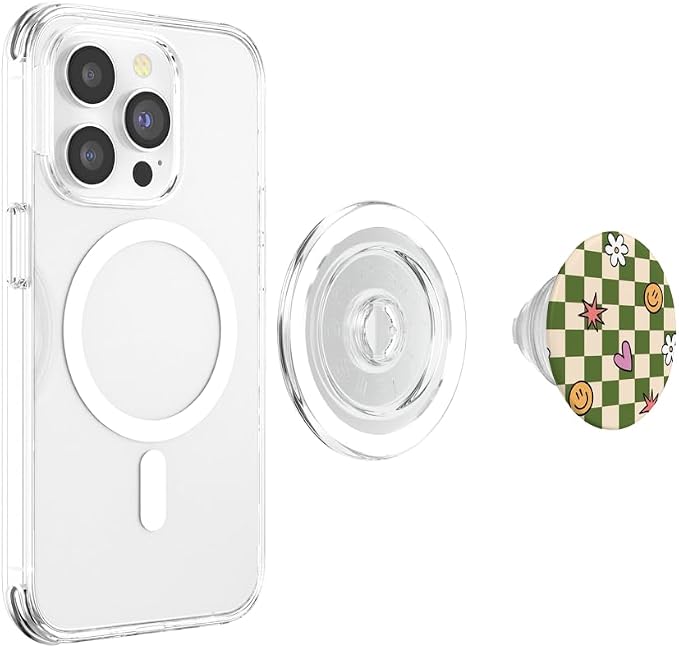 Green Checker Cute Doodle Pattern PopSockets Adhesive PopGrip
