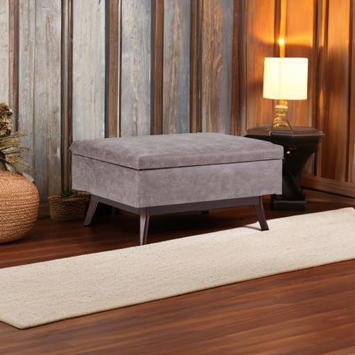 SIMPLIHOME Owen Coffee Table Storage Ottoman - 34 inch Wide Upholstered Vegan Leather Rectangular Lift-Top Ottoman in Distressed Grey Taupe, Mid-Century Modern Bench for Living Room with Tapered Legs