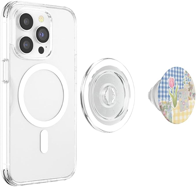 Aesthetic Gingham Pastel Blue &amp Yellow Cute Floral Patchwork PopSockets PopGrip for MagSafe