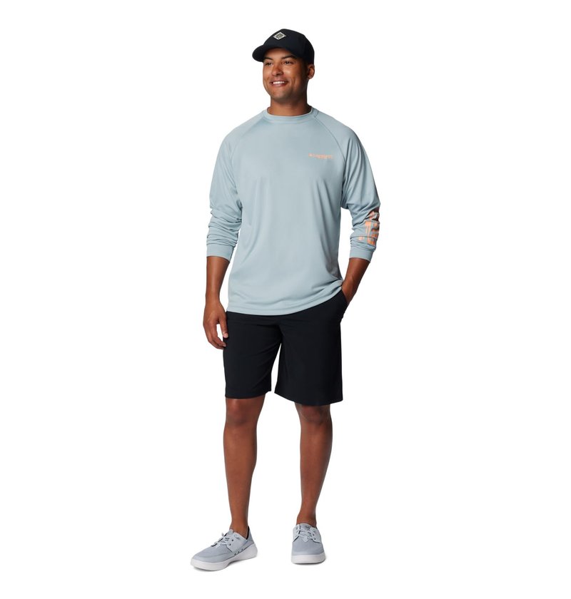 Columbia Men's PFG Terminal Tackle Long Sleeve Fishing Shirt, Crushed Blue/Bright Nectar Logo, 3X Tall