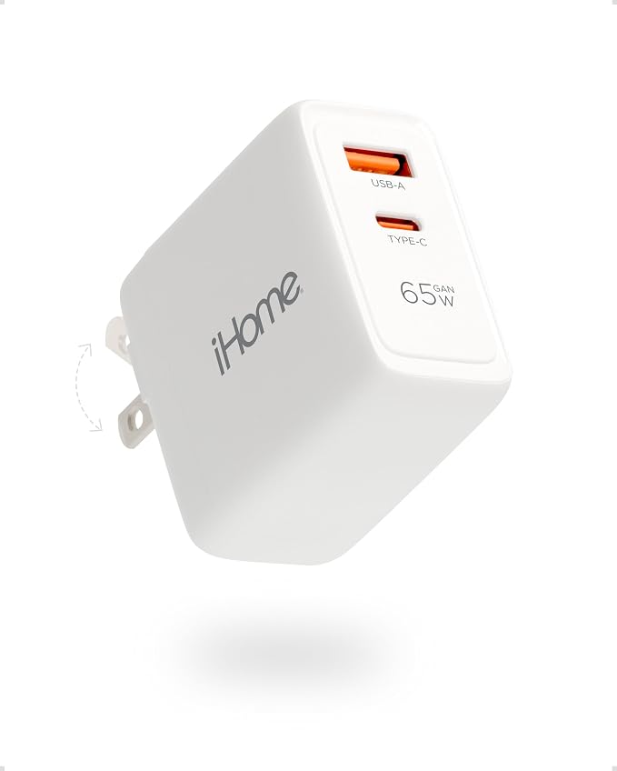 iHome 65W USB C Charger Block GaN Fast Charging with Dual Ports (USB-C PD &amp USB-A) Compact Universal Laptop Charger Foldable Plug [Video Game]