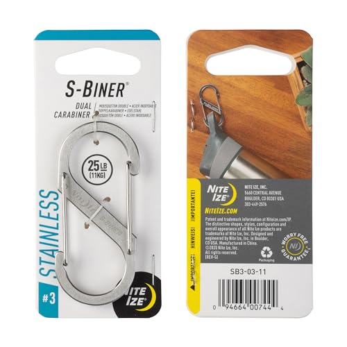 Nite Ize S-Biner Stainless Steel Dual Carabiner - Multi Purpose Dual Carabiner Clip - Great for Camping Supplies & Hiking Essentials - Secure Key Holder - Size 3, Stainless (6 Pack)