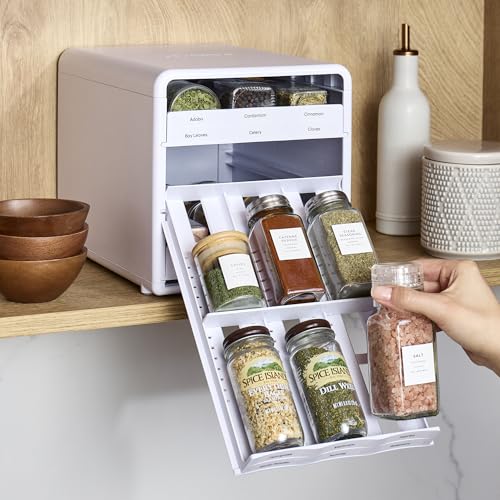 YouCopia SpiceStack,18-Bottle Adjustable Spice Rack Organizer, Pull-Out Seasoning Holder for Kitchen Cabinet and Pantry Storage with 104 Labels and Adjustable Dividers, Speckled White - style: 18-Bottle