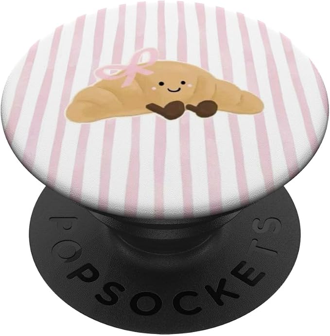 Pink Stripe Croissant Bow Illustration Print PopSockets Adhesive PopGrip