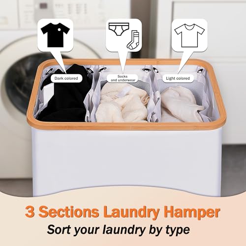 efluky Laundry Hamper with Lid, Double Laundry Hamper with 2 Removable Bags, 2 Section Laundry Basket with Bamboo Handles for Bathroom, Bedroom & Laundry Room (White, 160L Trio) - color: White, size: 160L Trio
