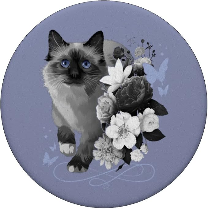 Siamese cat with flowers vintage look floral Siam Cat PopSockets Adhesive PopGrip