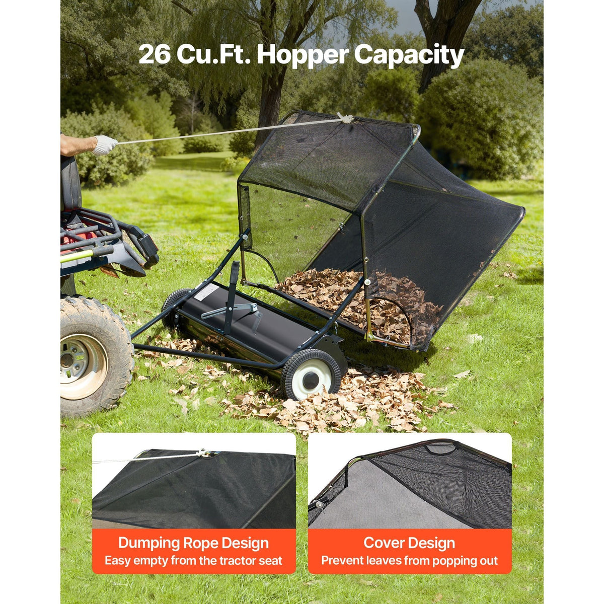 52 in Tow Behind Lawn Sweeper, 26 cu.ft. Large Yard Sweeper, Adjustable Sweeping Height, Heavy Duty Leaf & Grass Collector with Dumping Rope, Pull Behind Sweepers for Debris Grass Clippings