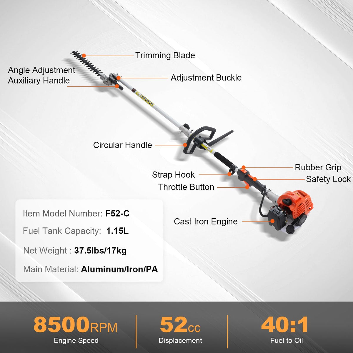 52CC 6-in-1 Multi-Functional Trimming Tools, Gas Hedge Trimmer, Weed Eater, String Trimmer, Brush Cutter, Edger, Pole Saw Chainsaw Pruner with Extension Pole