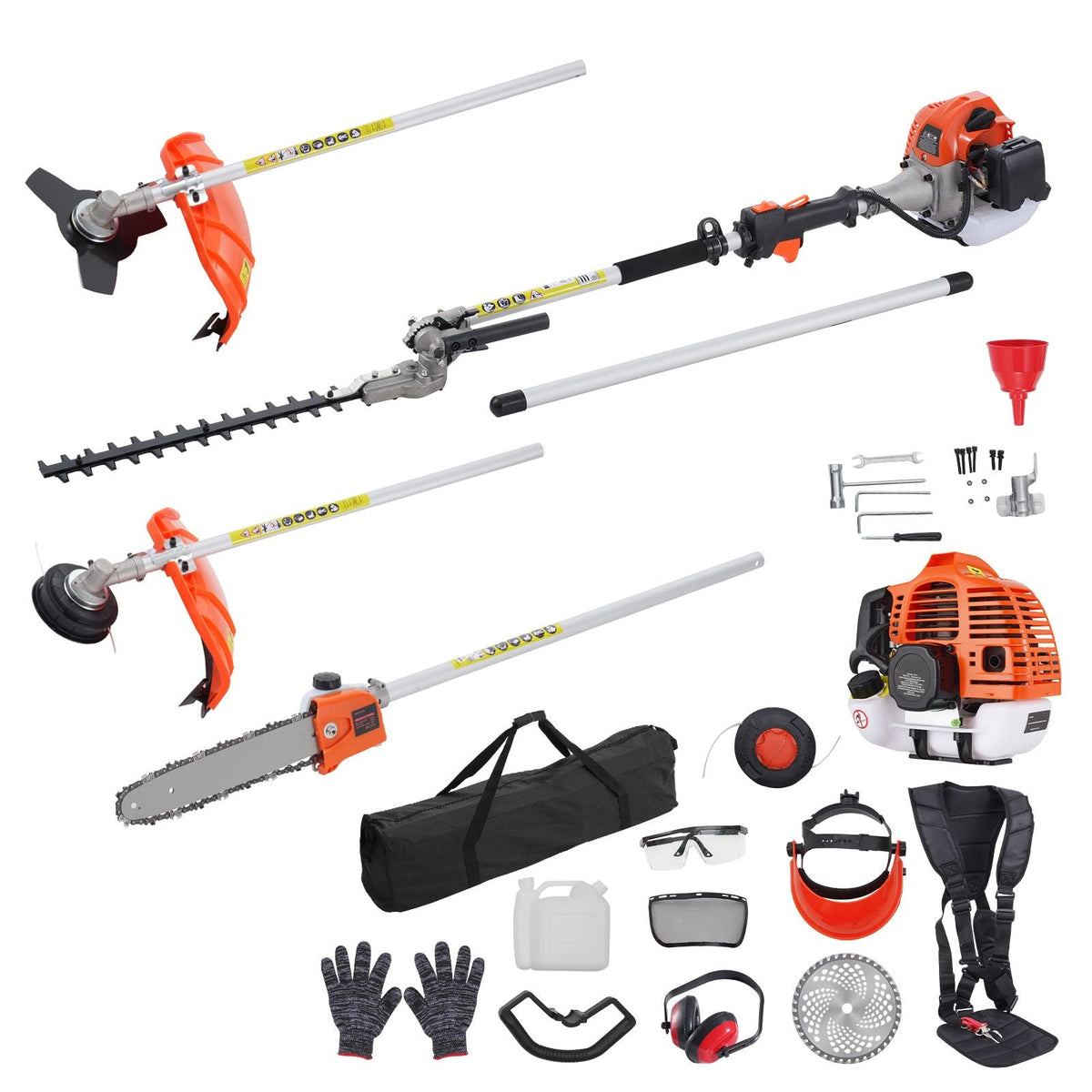 52CC 6-in-1 Multi-Functional Trimming Tools, Gas Hedge Trimmer, Weed Eater, String Trimmer, Brush Cutter, Edger, Pole Saw Chainsaw Pruner with Extension Pole
