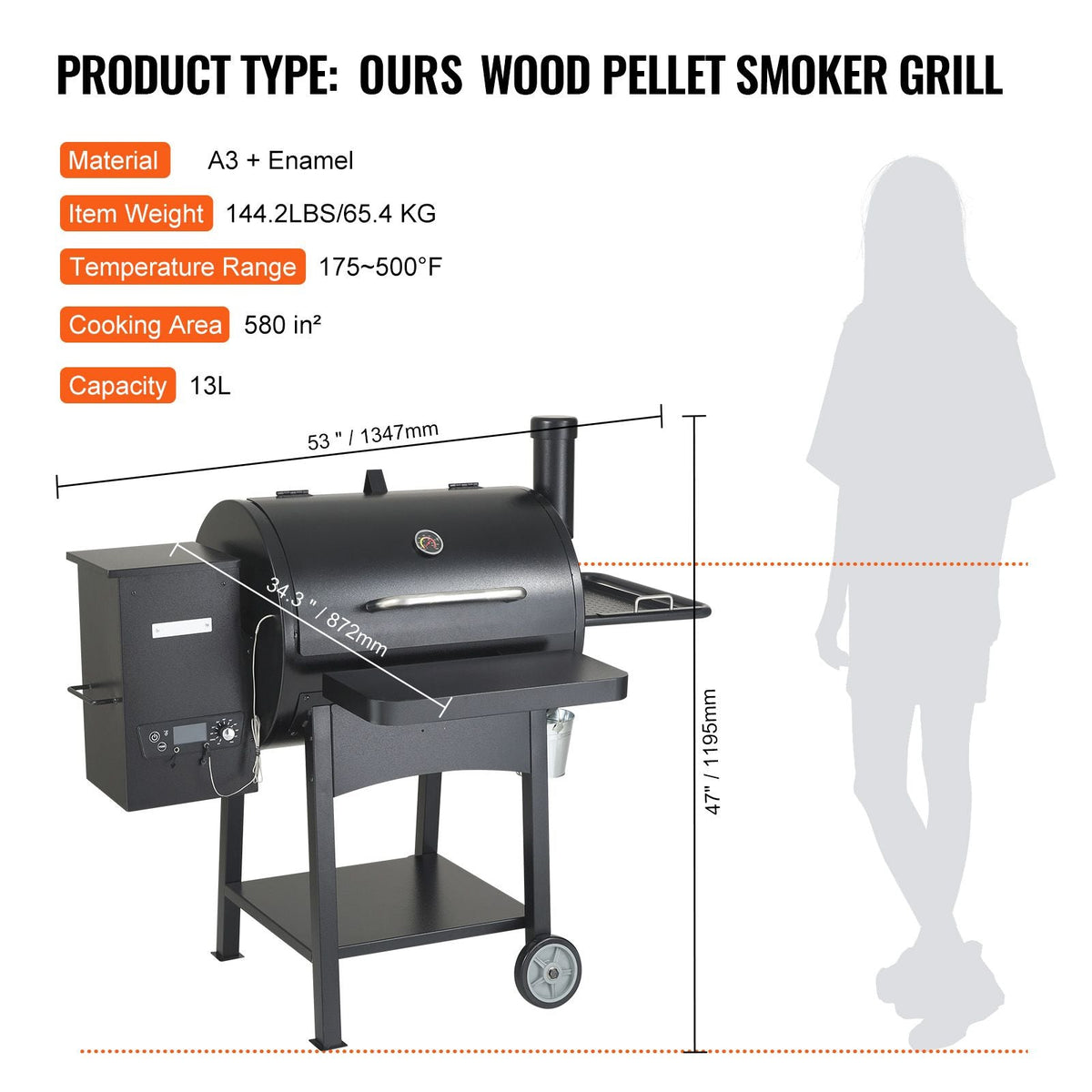 53 inch Portable Charcoal Grill, Propane Gas Grills with Cover and Cart, Heavy Duty Iron BBQ Grill, Mini Tabletop Smoker for Outdoor Cooking, Barbecue Camping, Picnic, Patio, and Backyard, Black
