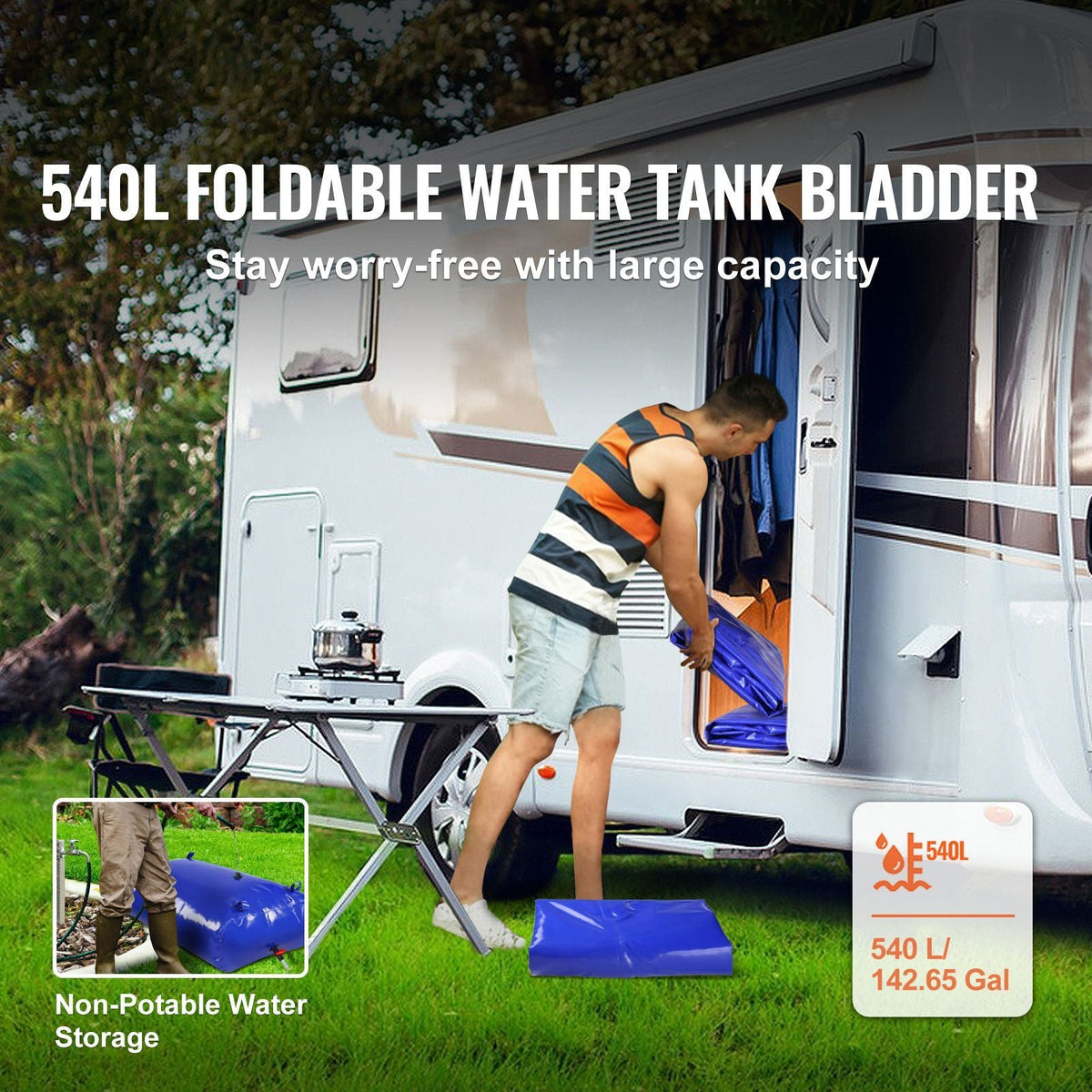 540L/142.7 Gallon Water Storage Bladder, RV Water Tank, 1000D Blue PVC Collapsible Water Storage Containers, Large Capacity Soft Water Bag, Portable Water Bladder, Fire Prevention, Camping