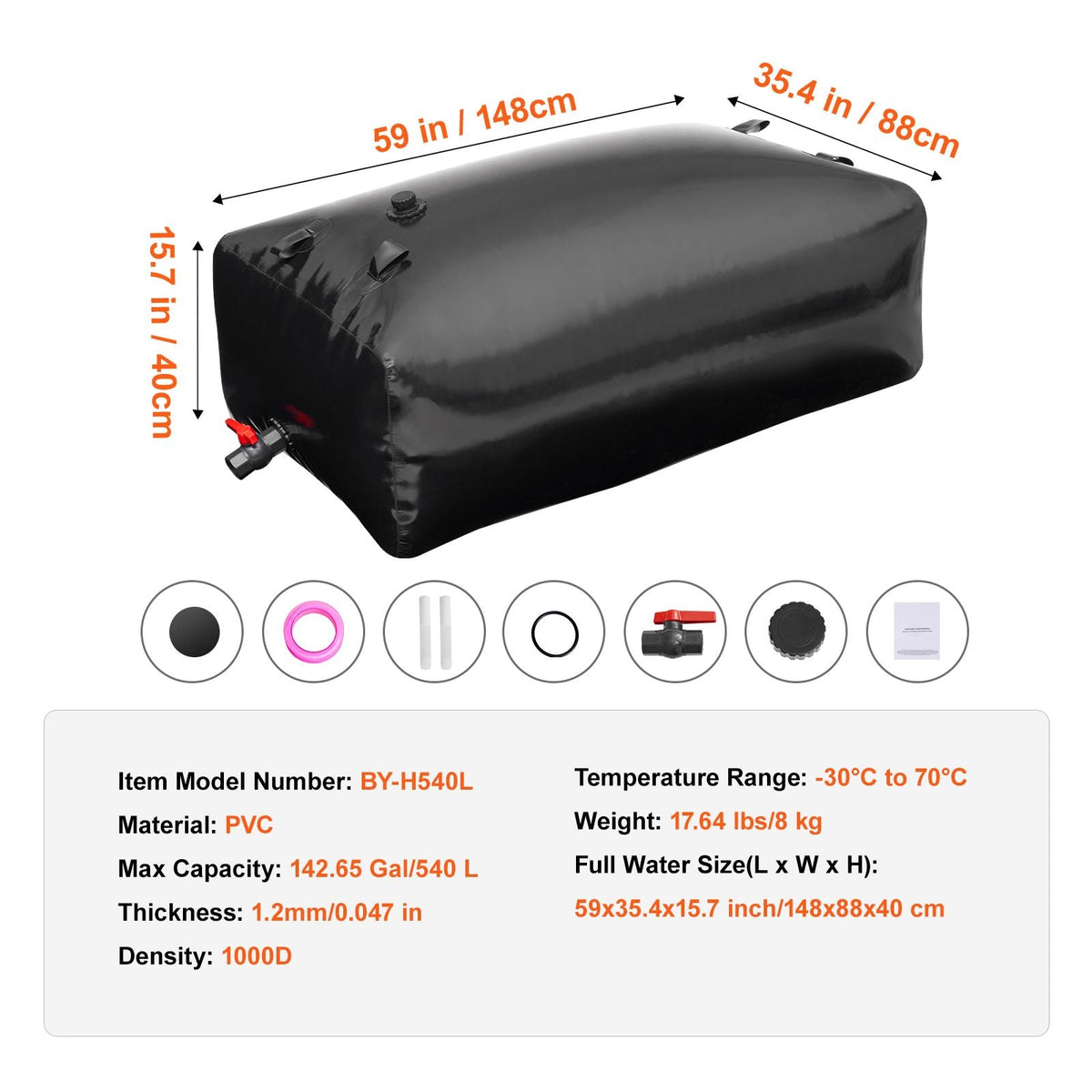 540L/142.7 Gallon Water Storage Bladder, RV Water Tank, 1000D PVC Collapsible Water Storage Containers, Large Capacity Soft Water Bag, Portable Water Bladder, Fire Prevention, Camping, Emergency