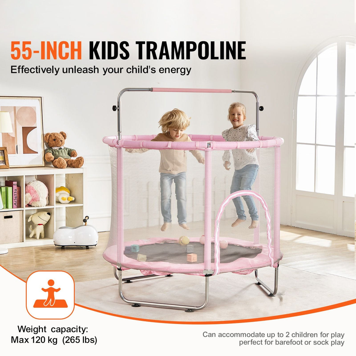 55" Kids Trampoline, 4.6FT Indoor Outdoor Trampoline, Mini Toddler Recreational Trampolinewith Safety Enclosure Net and Basketball Hoop, Birthday Gifts Christmas Toys for 3+ Years Children, Pink