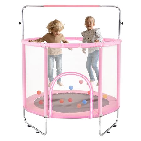 55" Kids Trampoline, 4.6FT Indoor Outdoor Trampoline, Mini Toddler Recreational Trampolinewith Safety Enclosure Net and Basketball Hoop, Birthday Gifts Christmas Toys for 3+ Years Children, Pink