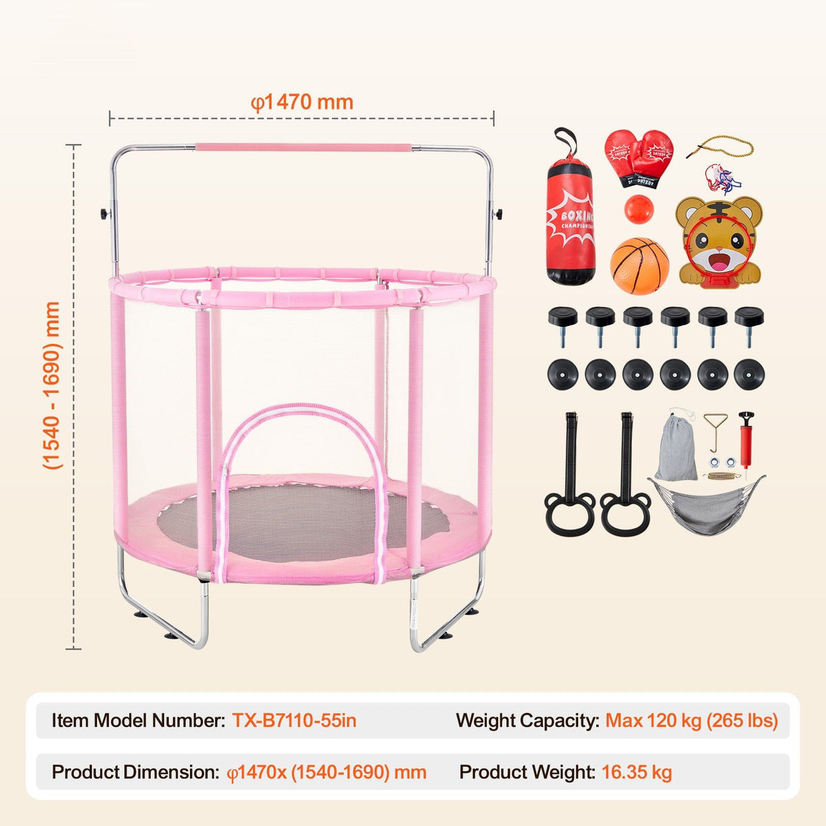 55" Kids Trampoline, 4.6FT Indoor Outdoor Trampoline, Mini Toddler Recreational Trampolinewith Safety Enclosure Net and Basketball Hoop, Birthday Gifts Christmas Toys for 3+ Years Children, Pink