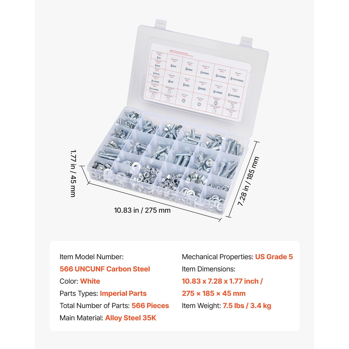 566 Pcs Bolts and Nuts Assortment Kit, Imperial Machine Screws and Flat Washers, Alloy Steel 1/4-20,5/16-18,3/8-16, for Furniture /Equipment/Vehicle Assembly, Galvanized White
