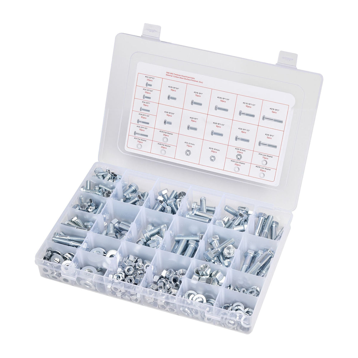 566 Pcs Bolts and Nuts Assortment Kit, Imperial Machine Screws and Flat Washers, Alloy Steel 1/4-20,5/16-18,3/8-16, for Furniture /Equipment/Vehicle Assembly, Galvanized White