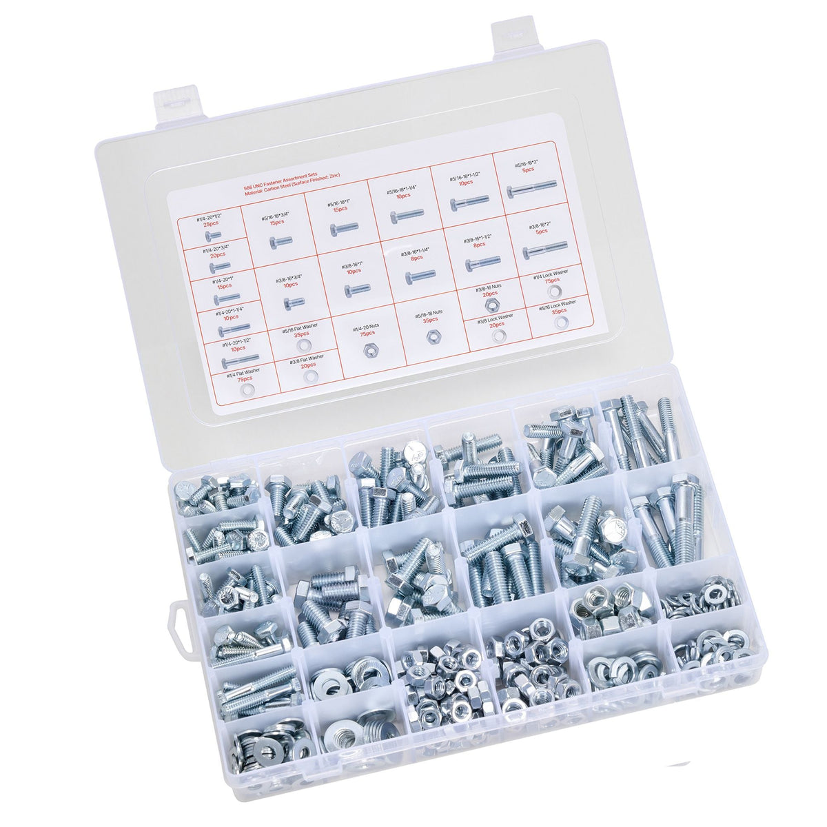 566 Pcs Bolts and Nuts Assortment Kit, Imperial Machine Screws and Flat Washers, Alloy Steel 1/4-20,5/16-18,3/8-16, for Furniture /Equipment/Vehicle Assembly, Galvanized White