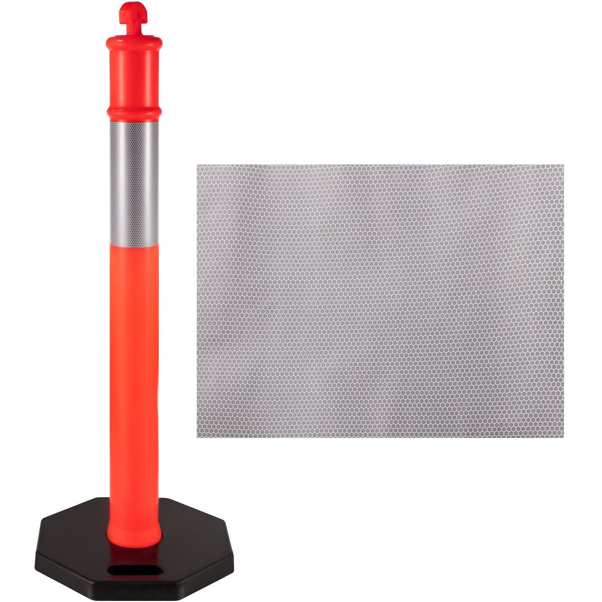 5Pack Delineator Posts 44 Inch Height, Orange PE Delineator Post Kit 10 inch Reflective Band, Traffic Delineator Posts with Rubber Base 16 inch for Construction Sites, Facility Management etc.