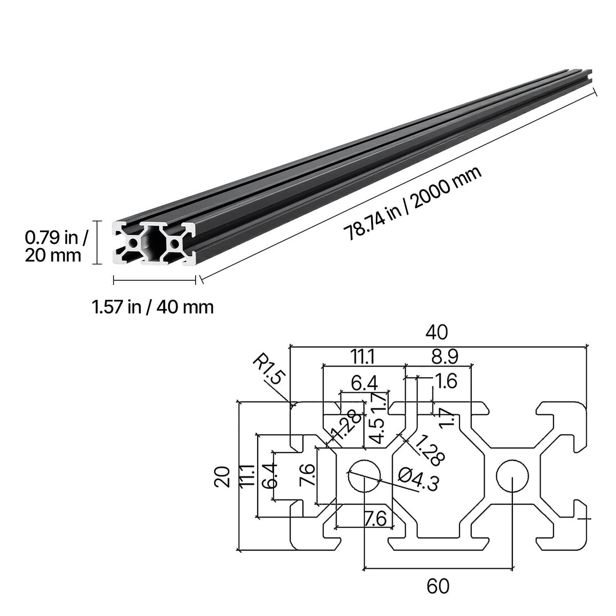 5PCS 2040 Aluminum Extrusion Profile, 78.74 Inch 2000 mm, V Slot European Standard Anodized Linear Rail, High-Strength Extruded Aluminum Rail, for 3D Printer Parts and CNC DIY Workbench, Black