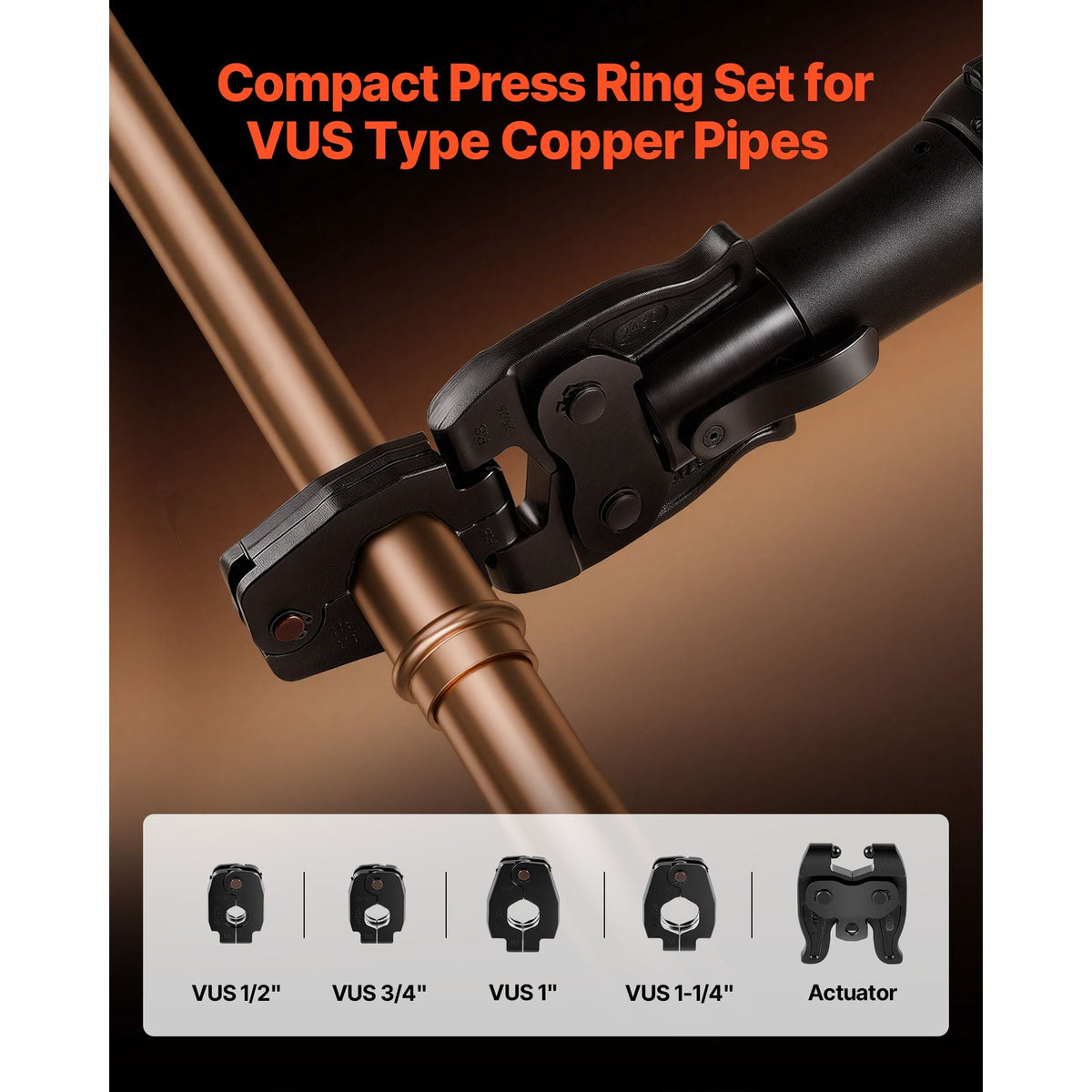 5PCS VUS Pressing Kit, 4PCS Press Rings (1/2", 3/4", 1", 1-1/4") & R8 Actuator - Compatible with ProPress Copper Pipes, Work with 24KN Compact Press Tools for 180° Operation