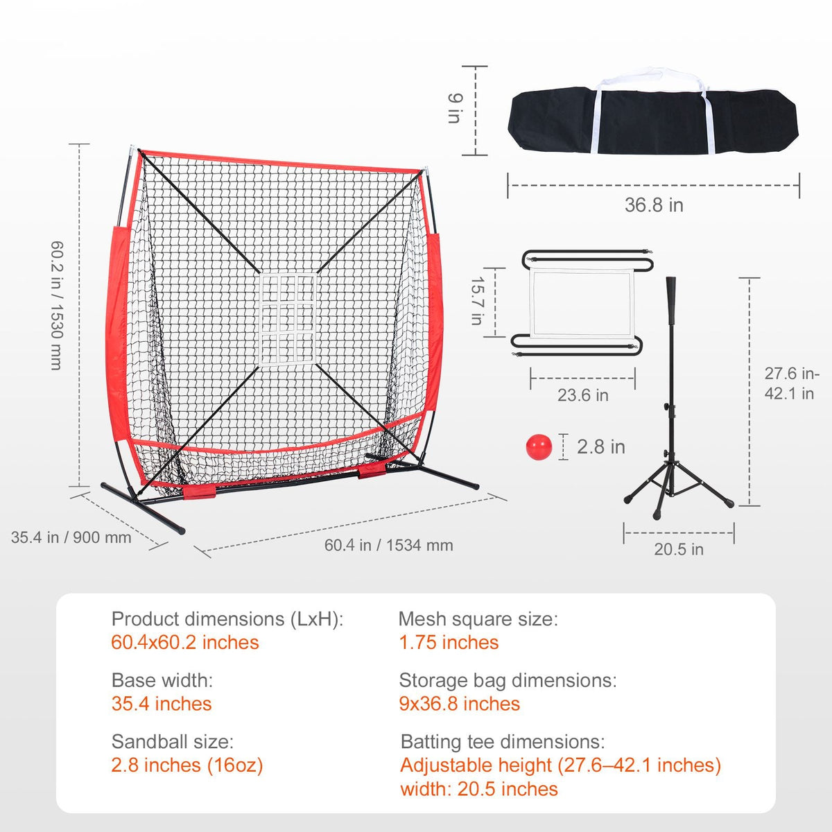 5x5 ft Baseball Softball Practice Net, Portable Baseball Training Net for Hitting Batting Catching Pitching, Backstop Baseball Equipment with Bow Frame, Carry Bag, Strike Zone, Ball, Batting Tee