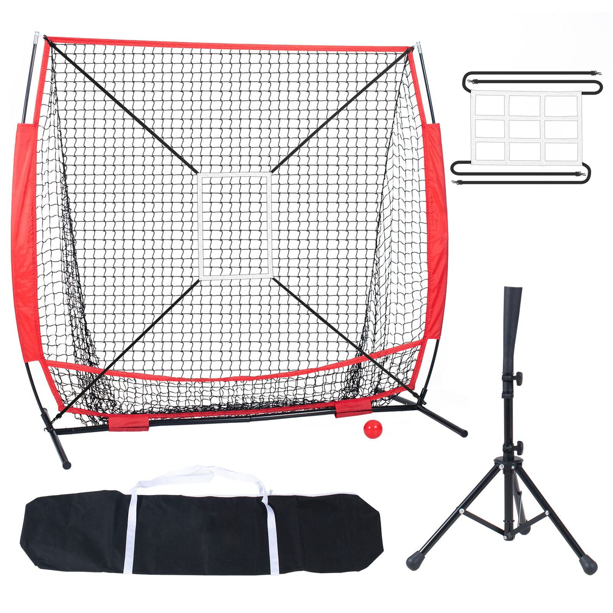 5x5 ft Baseball Softball Practice Net, Portable Baseball Training Net for Hitting Batting Catching Pitching, Backstop Baseball Equipment with Bow Frame, Carry Bag, Strike Zone, Ball, Batting Tee