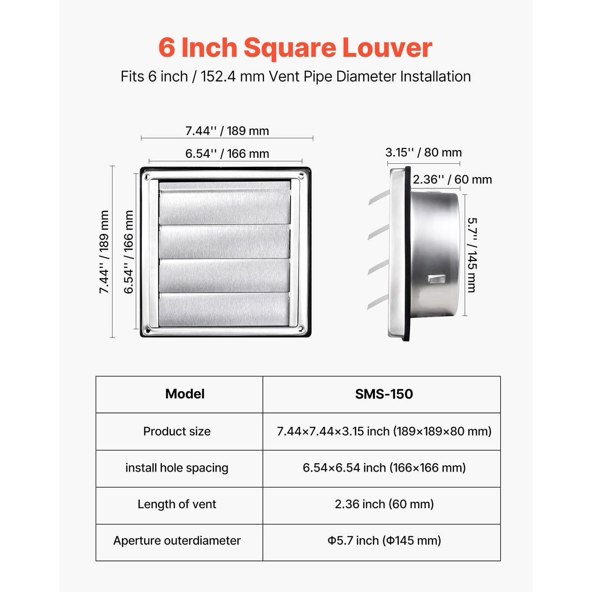 6 inch Wall Vent Cover, Louvered Square AC Vent Gable Cover, Premium Stainless Steel & with Noise Reducing Rubber Gasket, for House,Bathroom,Garage,Kitchen,Basement (1 Pack, Silver)