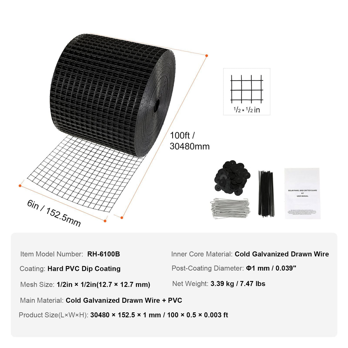 6 inch x 100ft Solar Panel Bird Guard, Critter Guard Roll Kit with 100pcs Aluminum Alloy Fasteners, Solar Panel Guard with Rust-proof PVC Coating, 1/2 inch Wire Roll Mesh