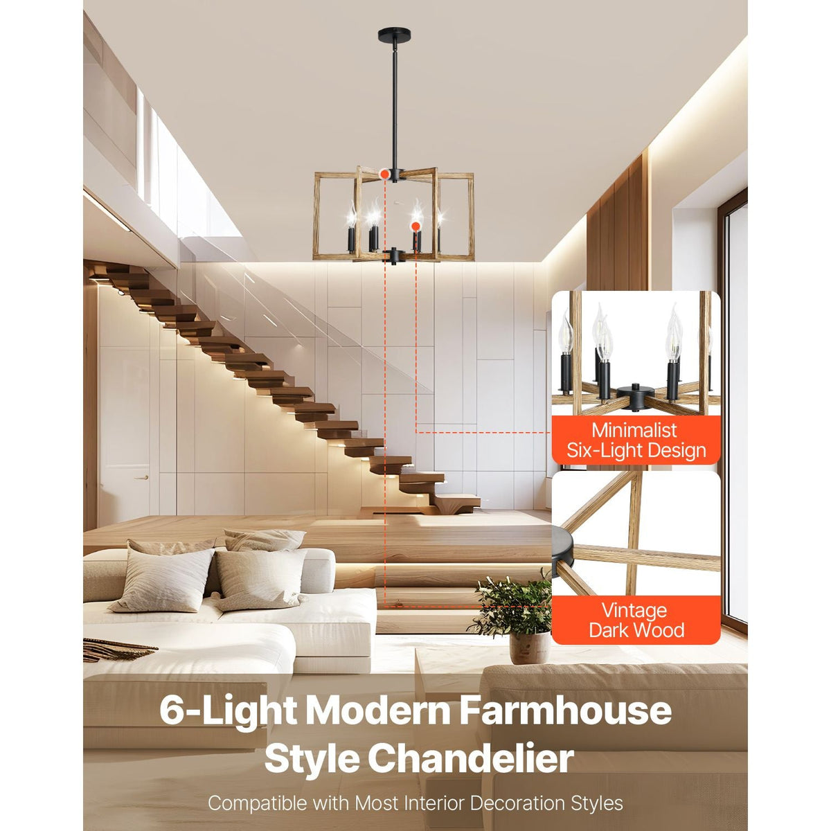 6-Light Chandelier, Metal Farmhouse Chandelier, Adjustable Height, Dining Room Hanging Light Fixture for Ceilings, Modern Chandelier for Bedroom, Foyer, Hall, Kitchen, Living Room and Entryway