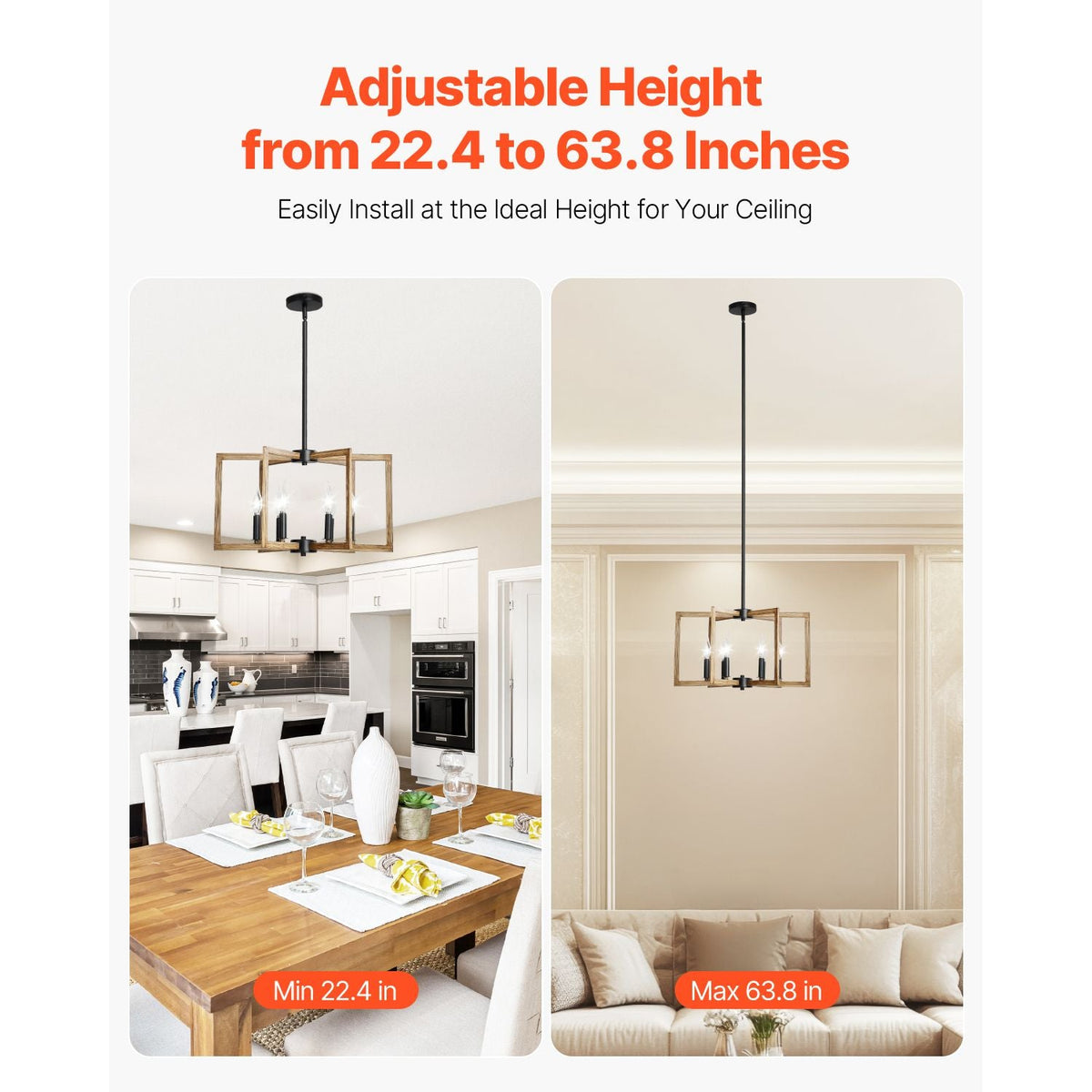 6-Light Chandelier, Metal Farmhouse Chandelier, Adjustable Height, Dining Room Hanging Light Fixture for Ceilings, Modern Chandelier for Bedroom, Foyer, Hall, Kitchen, Living Room and Entryway