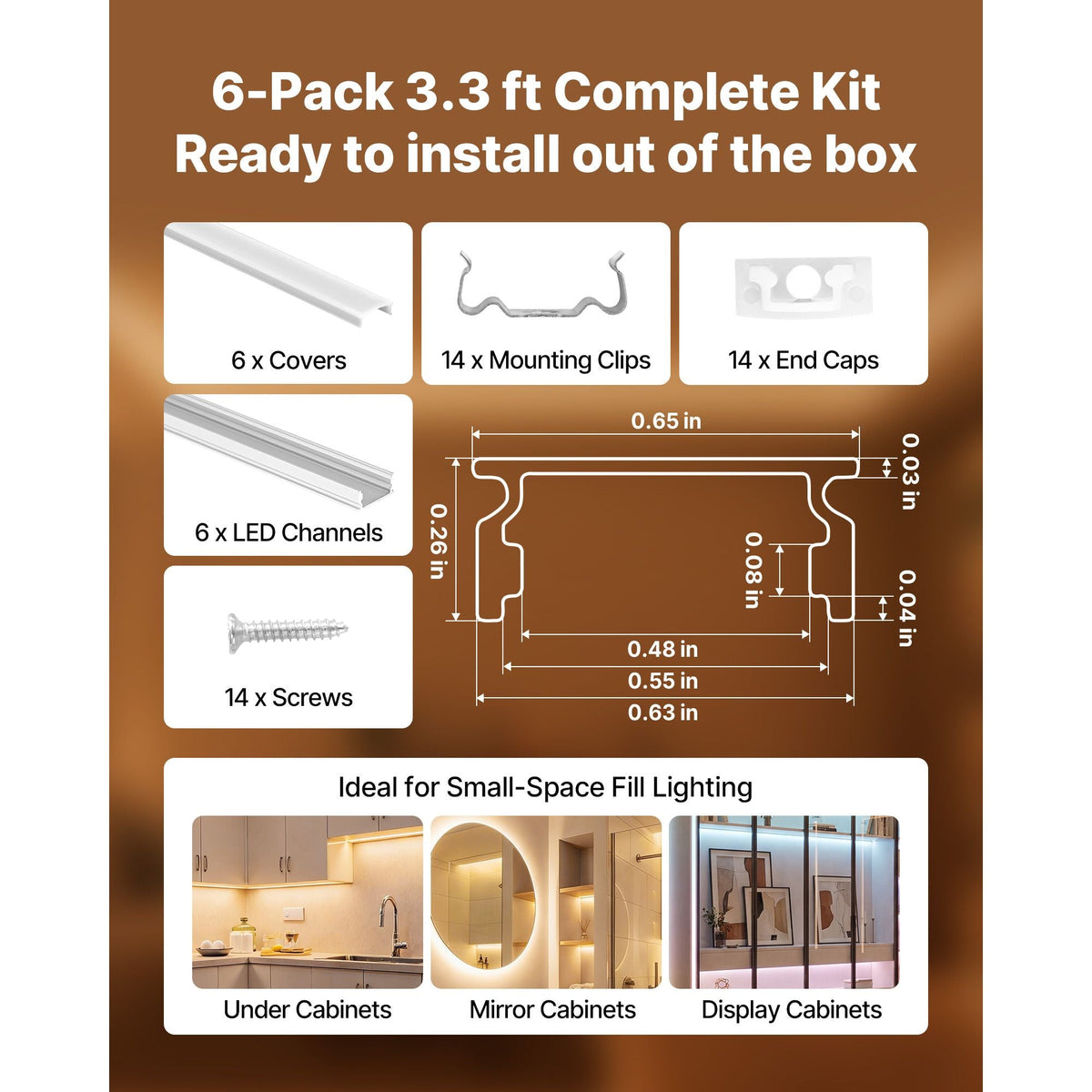 6-Pack 3.3 ft/1M U Shape LED Aluminum Channel, with Milky Cover, End Caps and Mounting Clips, Aluminum Profile for LED Strip Light Installations, Easy Installation, for Under Cabinet Counter