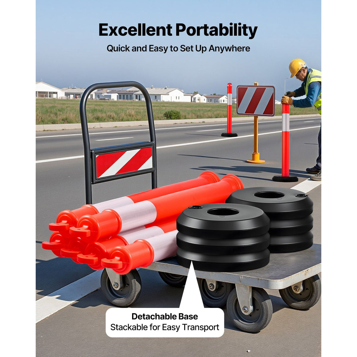 6 Pack Traffic Delineator Posts, 48 inches Traffic Safety Cones with Fillable Base and Reflective Strips, Heavy Duty Delineator Posts for Construction Site, Parking Lot, Crowd Control, Red