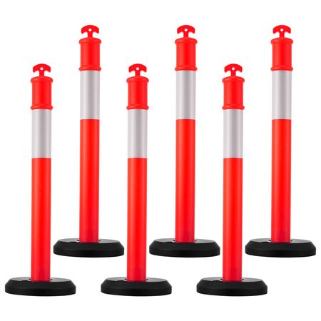 6 Pack Traffic Delineator Posts, 48 inches Traffic Safety Cones with Fillable Base and Reflective Strips, Heavy Duty Delineator Posts for Construction Site, Parking Lot, Crowd Control, Red