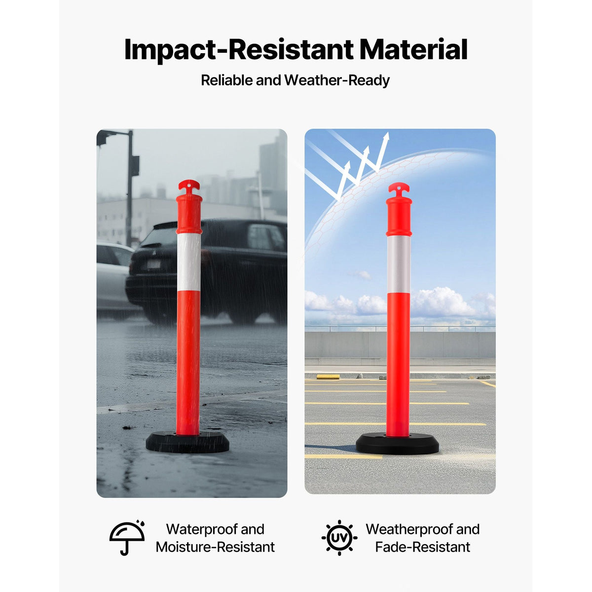 6 Pack Traffic Delineator Posts, 48 inches Traffic Safety Cones with Fillable Base and Reflective Strips, Heavy Duty Delineator Posts for Construction Site, Parking Lot, Crowd Control, Red
