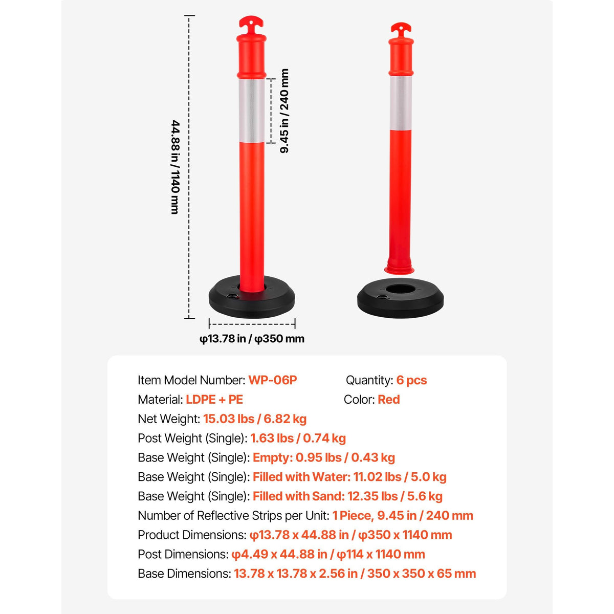 6 Pack Traffic Delineator Posts, 48 inches Traffic Safety Cones with Fillable Base and Reflective Strips, Heavy Duty Delineator Posts for Construction Site, Parking Lot, Crowd Control, Red