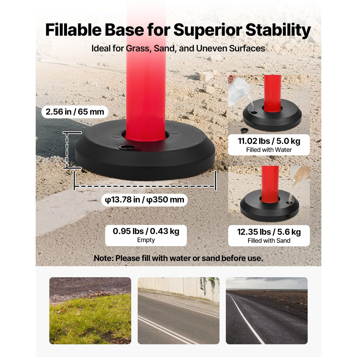 6 Pack Traffic Delineator Posts, 48 inches Traffic Safety Cones with Fillable Base and Reflective Strips, Heavy Duty Delineator Posts for Construction Site, Parking Lot, Crowd Control, Red