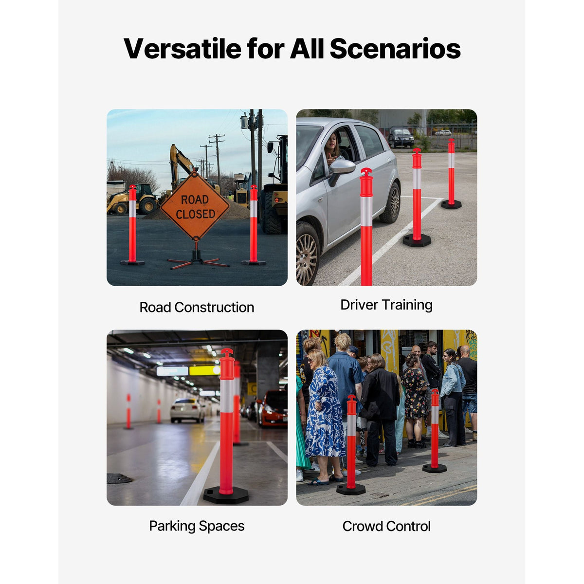 6 Pack Traffic Delineator Posts, 48 inches Traffic Safety Cones with Weighted Base and Reflective Strips, Heavy Duty Delineator Posts for Construction Site, Parking Lot, Crowd Control, Red
