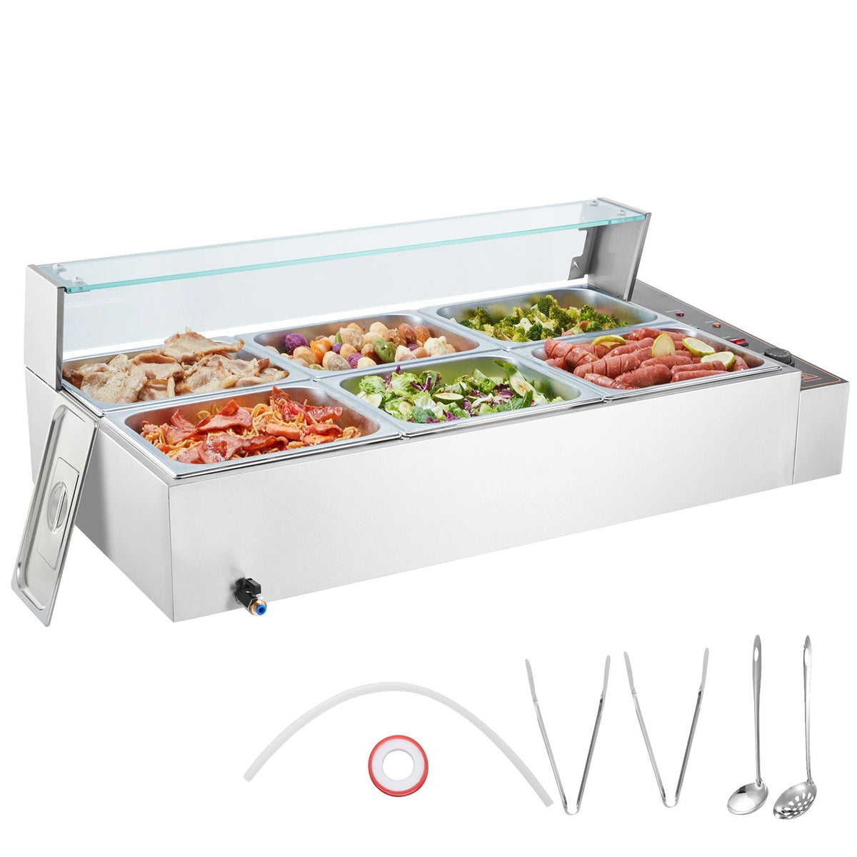 6-Pan Commercial Food Warmer, 6 x 8QT Electric Steam Table with Glass Cover, 1500W Countertop Stainless Steel Buffet Bain Marie 86-185 Fahrenheit Temp Control for Catering, Restaurants, Silver