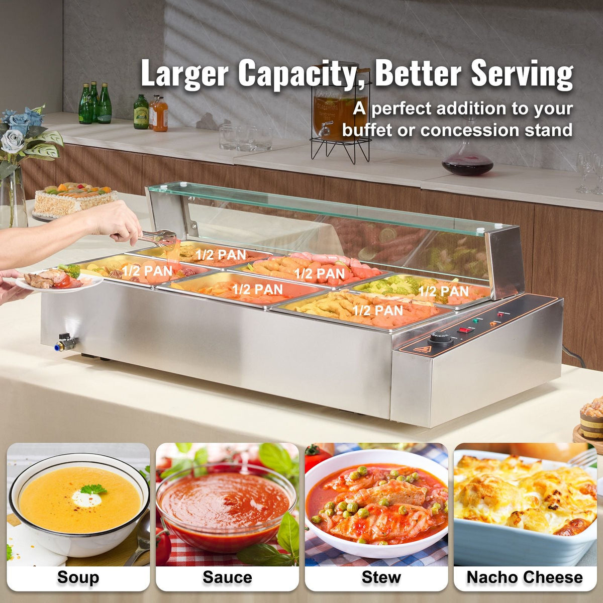 6-Pan Commercial Food Warmer, 6 x 8QT Electric Steam Table with Glass Cover, 1500W Countertop Stainless Steel Buffet Bain Marie 86-185 Fahrenheit Temp Control for Catering, Restaurants, Silver