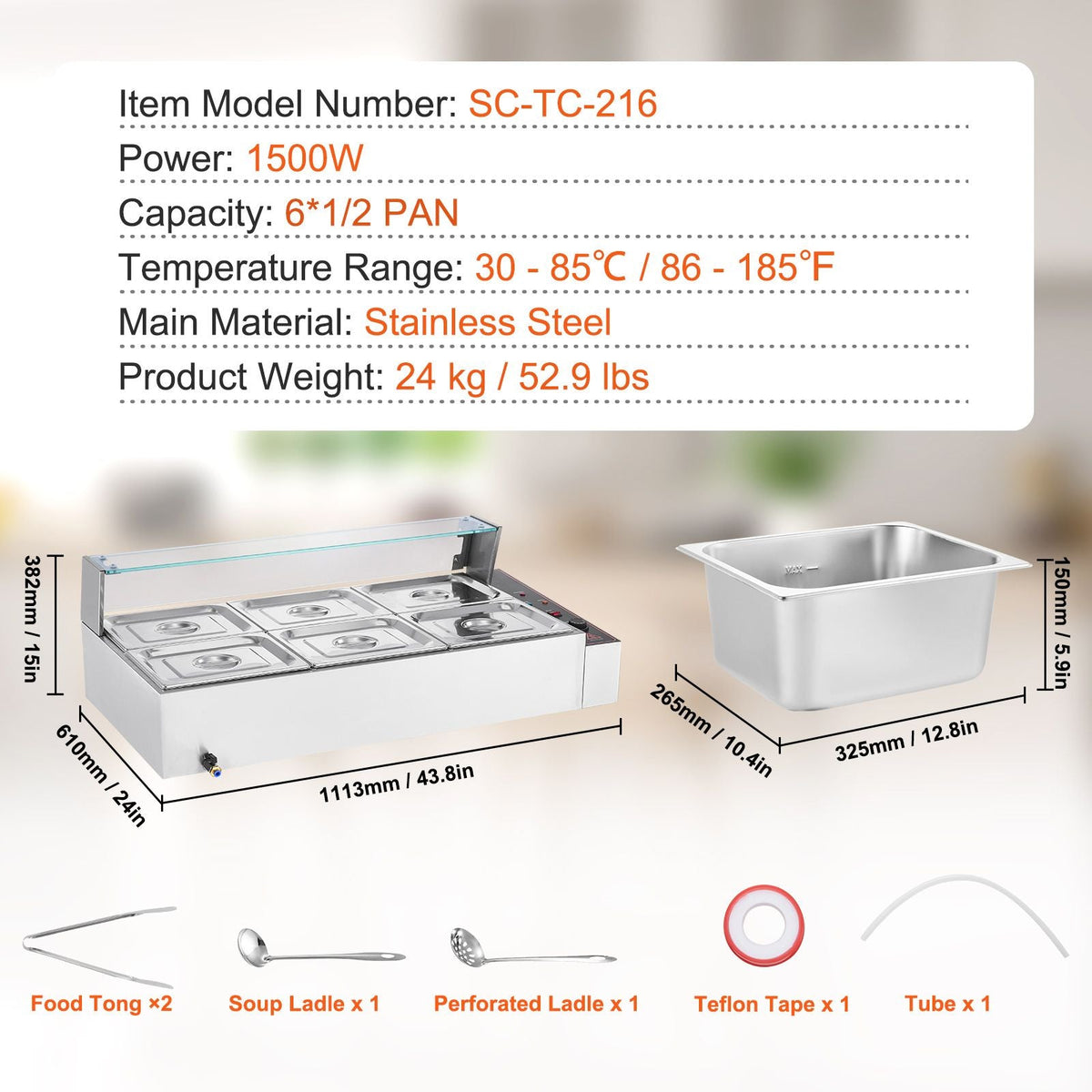 6-Pan Commercial Food Warmer, 6 x 8QT Electric Steam Table with Glass Cover, 1500W Countertop Stainless Steel Buffet Bain Marie 86-185 Fahrenheit Temp Control for Catering, Restaurants, Silver