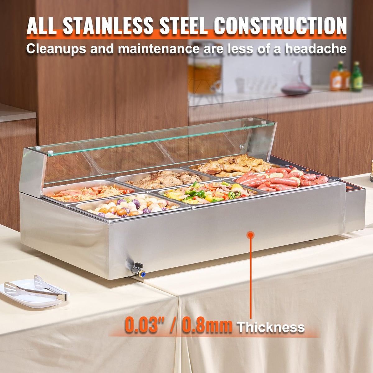 6-Pan Commercial Food Warmer, 6 x 8QT Electric Steam Table with Glass Cover, 1500W Countertop Stainless Steel Buffet Bain Marie 86-185 Fahrenheit Temp Control for Catering, Restaurants, Silver