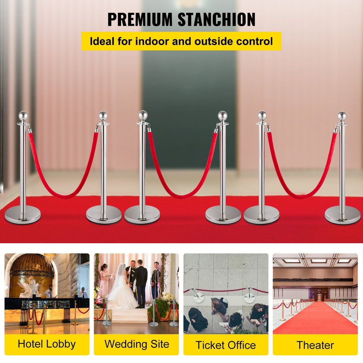 6 PCS Crowd Control Stanchion, Silver Stanchions Posts Stainless Steel Stanchion Queue Post Red Rope Retractable 38In for Both Indoor and Outdoor use.