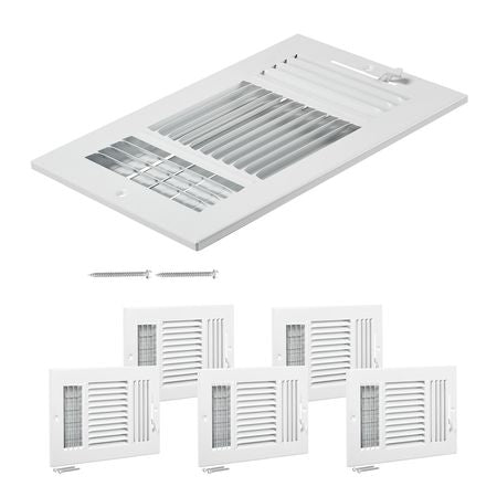 6 x 10 Inch Floor Registers, 6-Pack Floor Vents, HVAC 3-Direction Iron Vent Grilles for Home/Office Wall & Ceiling, Rustproof Anti-Peeling Air Vents Deflector Adjustable with Metal Damper, White