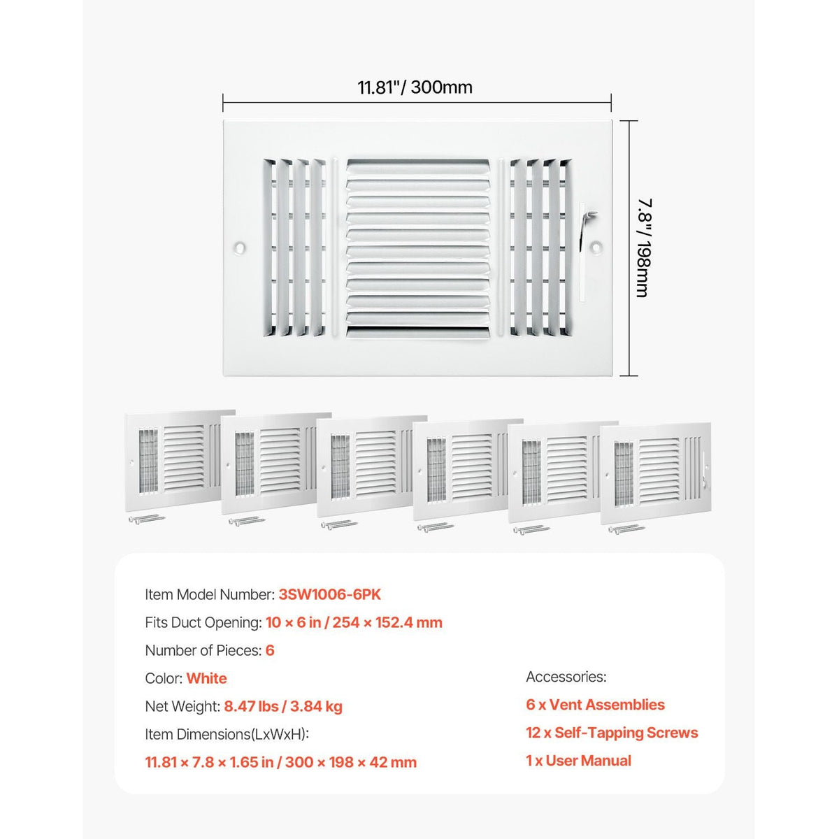 6 x 10 Inch Floor Registers, 6-Pack Floor Vents, HVAC 3-Direction Iron Vent Grilles for Home/Office Wall & Ceiling, Rustproof Anti-Peeling Air Vents Deflector Adjustable with Metal Damper, White