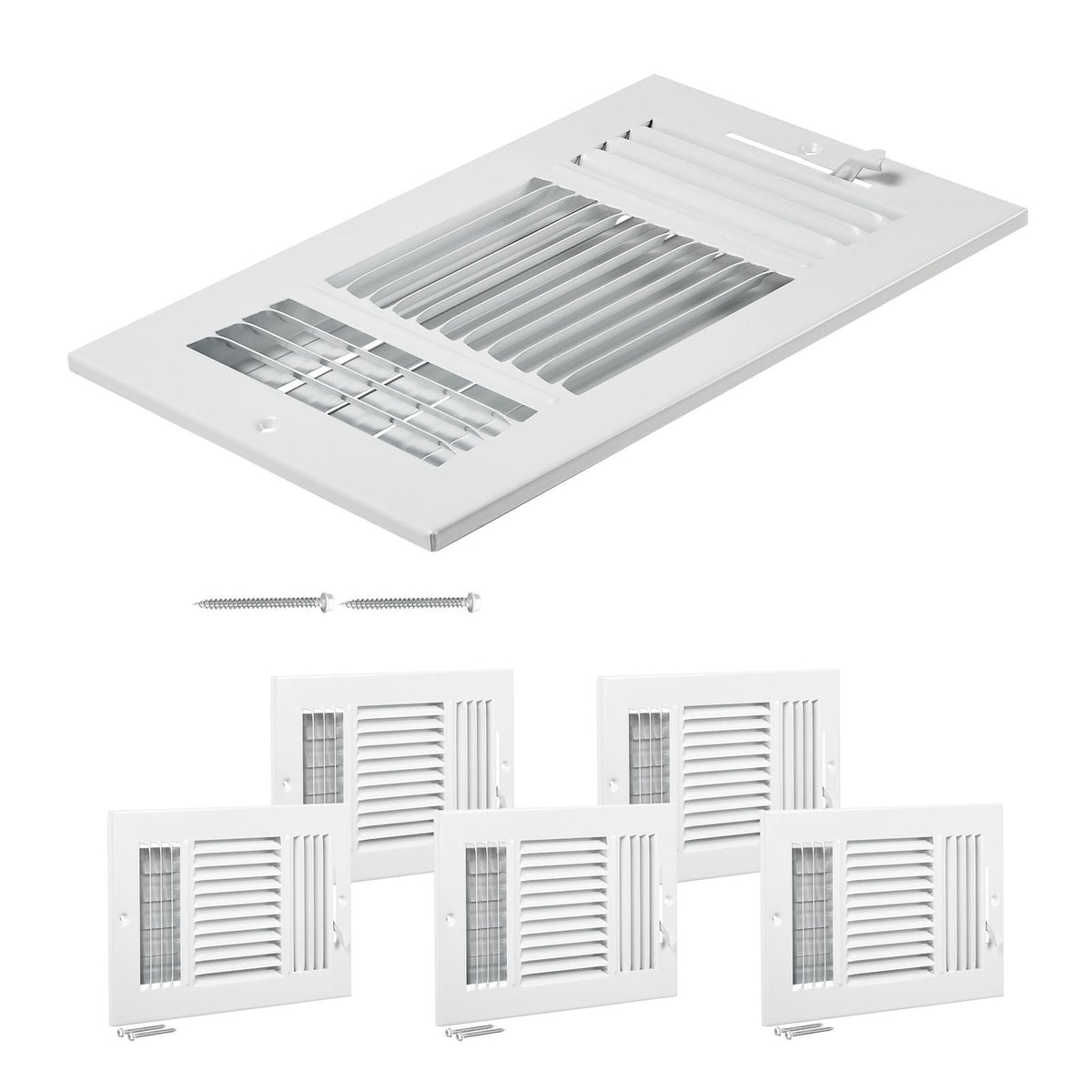 6 x 10 Inch Floor Registers, 6-Pack Floor Vents, HVAC 3-Direction Iron Vent Grilles for Home/Office Wall & Ceiling, Rustproof Anti-Peeling Air Vents Deflector Adjustable with Metal Damper, White