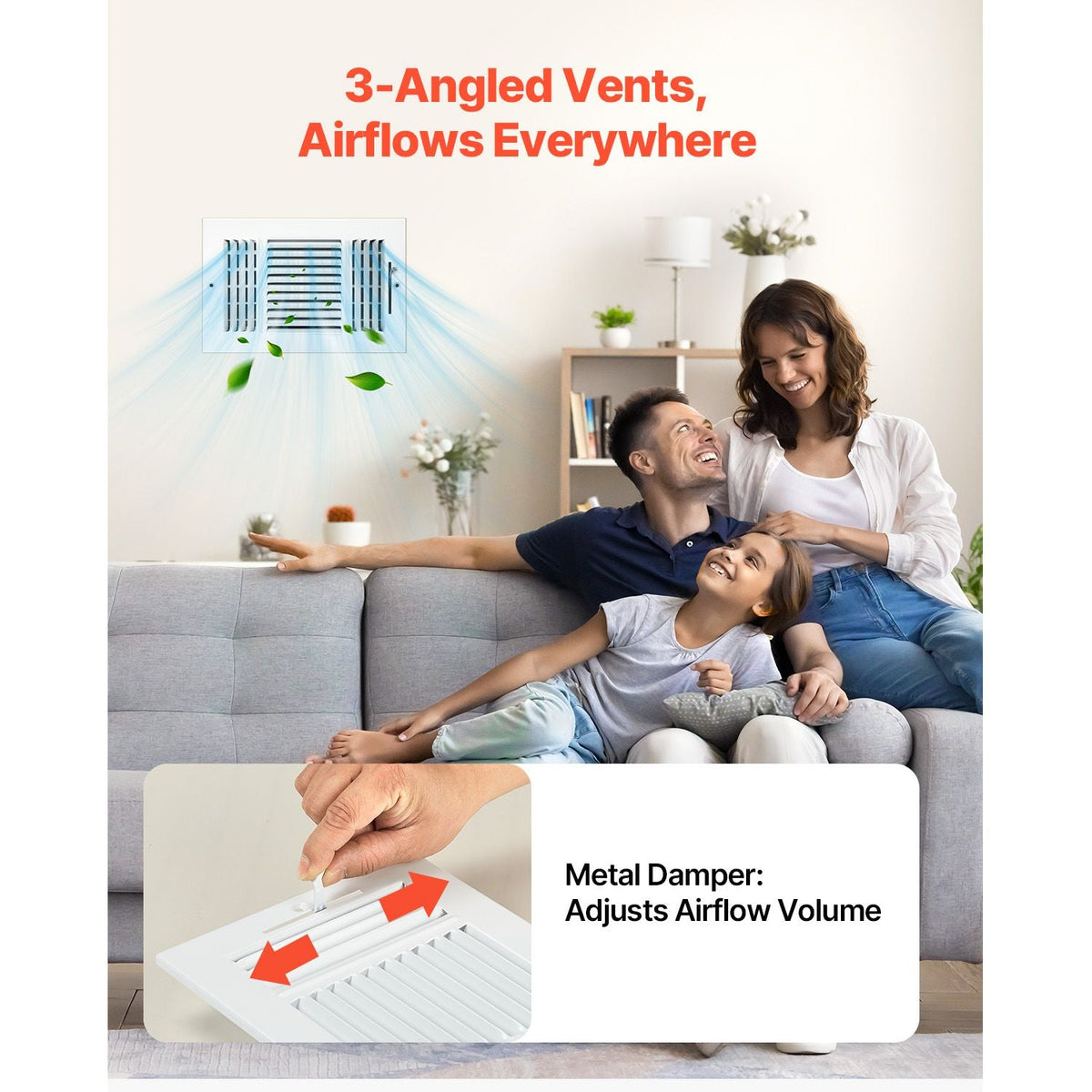 6 x 10 Inch Floor Registers, 6-Pack Floor Vents, HVAC 3-Direction Iron Vent Grilles for Home/Office Wall & Ceiling, Rustproof Anti-Peeling Air Vents Deflector Adjustable with Metal Damper, White