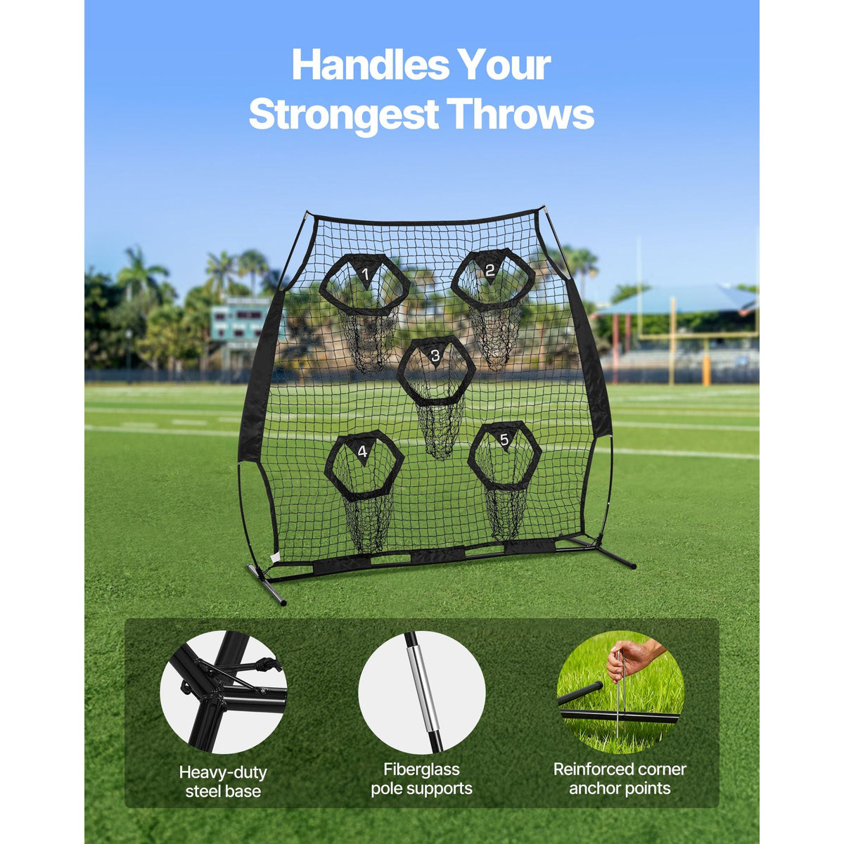 6 x 6 ft Football Trainer Throwing Net, Training Throwing Target Practice Net with 5 Target Pockets, Knotless Net Includes Straps and Portable Carry Case, Improve QB Throwing Accuracy, Black